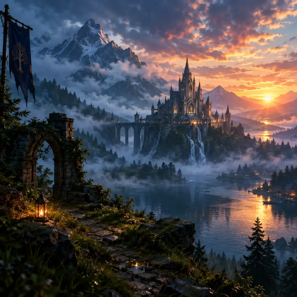 Krajobraz świata fantasy z górami i ruinami o zachodzie słońca